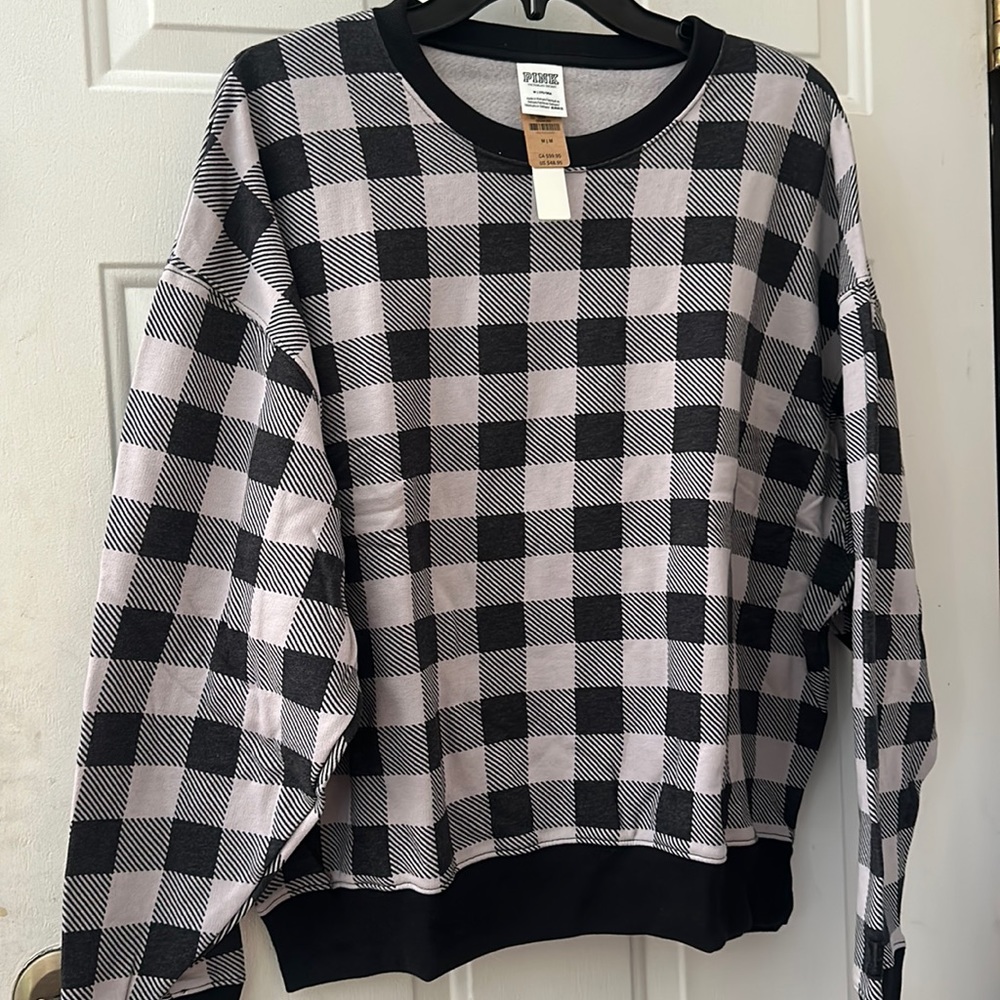 VICTORIA’S SECRET PINK LILAC/BLACK CHECKERED/PLAID CREWNECK SWEATSHIRT:NWT: SZ M
